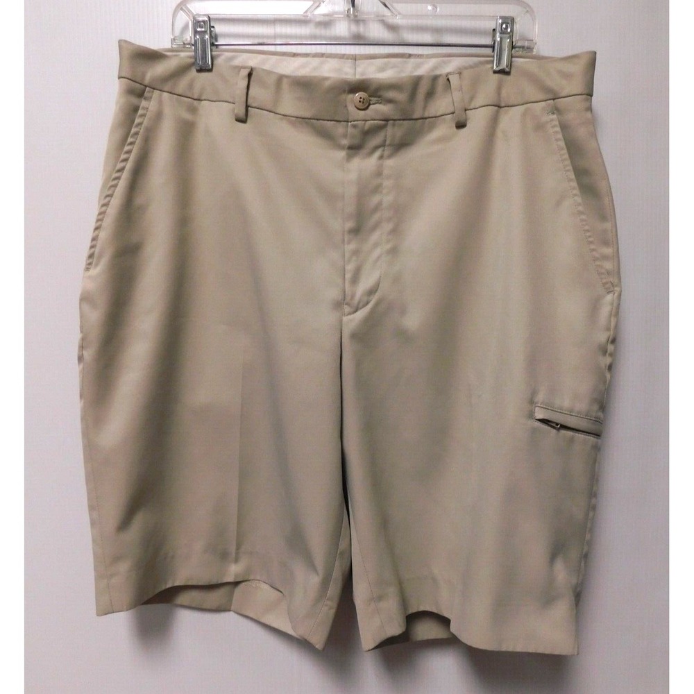 Alan Flusser Mens golf shorts 36 tan khaki flat‎ front 100% polyester 10" Inseam